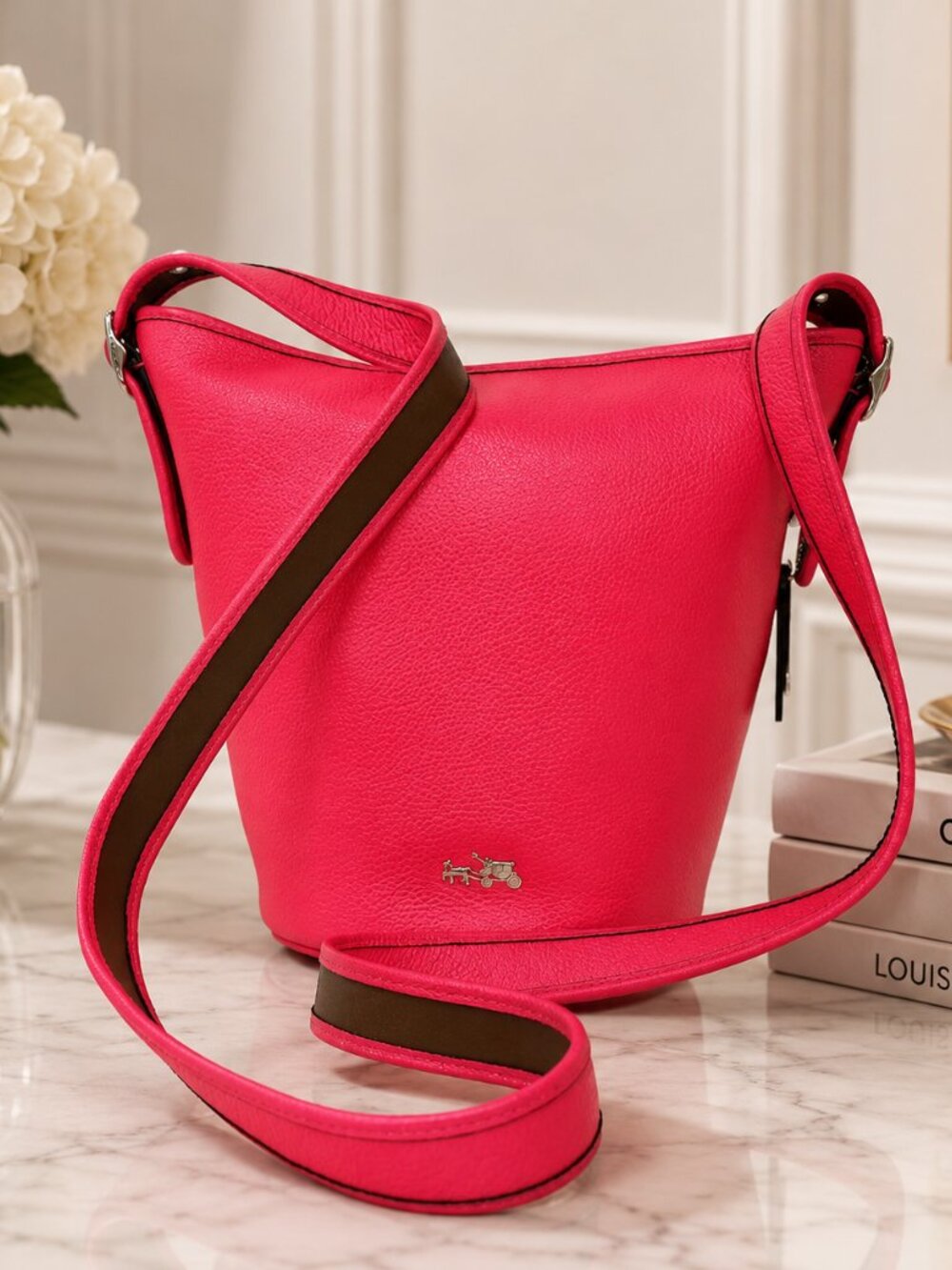 Coach 34527 Mini Duffle Neon Pink Polished Pebble Leather Bucket Crossbody